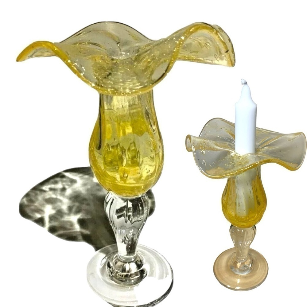 VTG Saba Bio French Art Glass Candlestick 7" Bubble Clear Yellow Open Flower 7"
